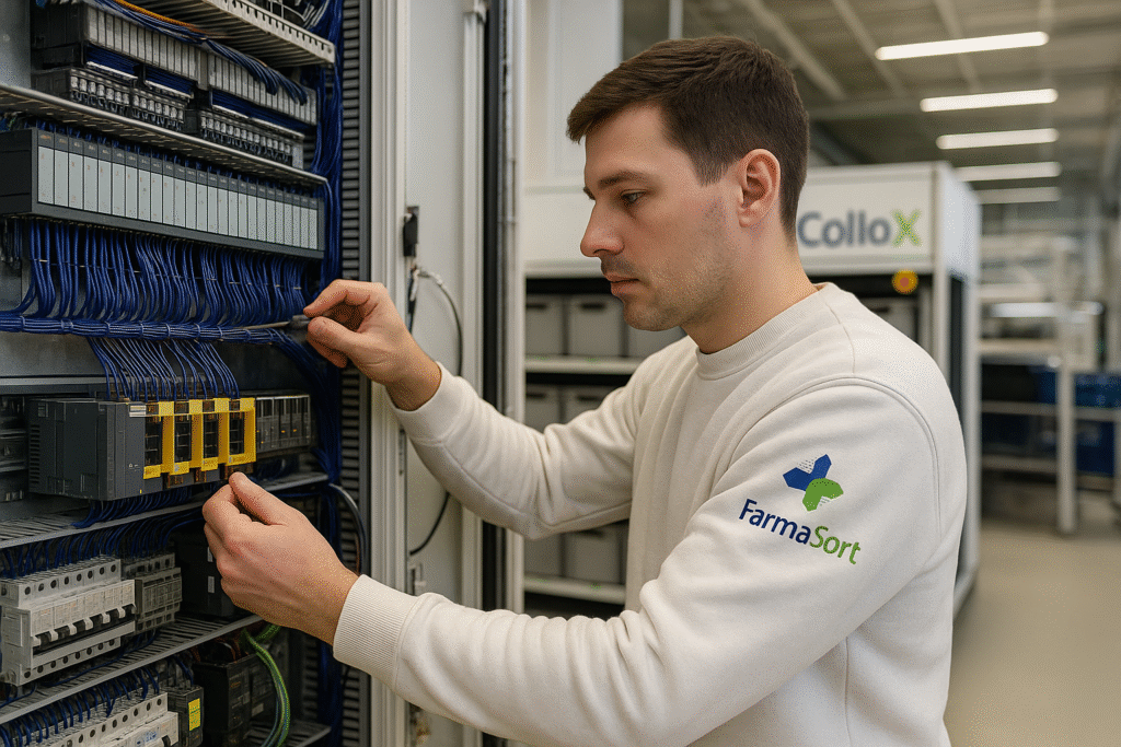 PLC engineer werkt met bedrading in schakelkast bij FarmaSort installatie